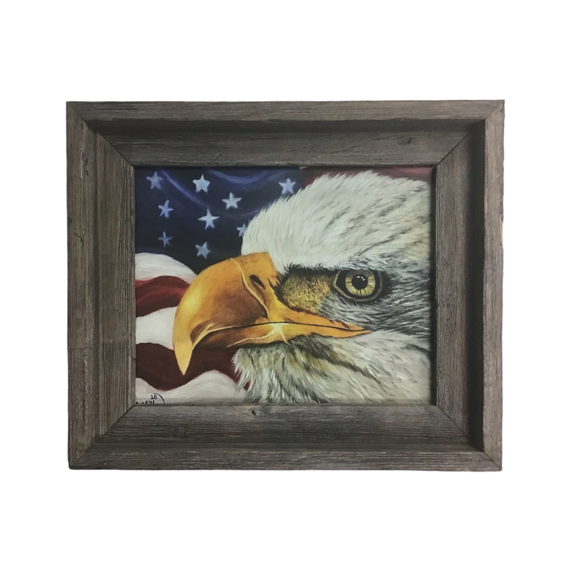 Framed print of a bald eagle against a backdrop of a waving American flag