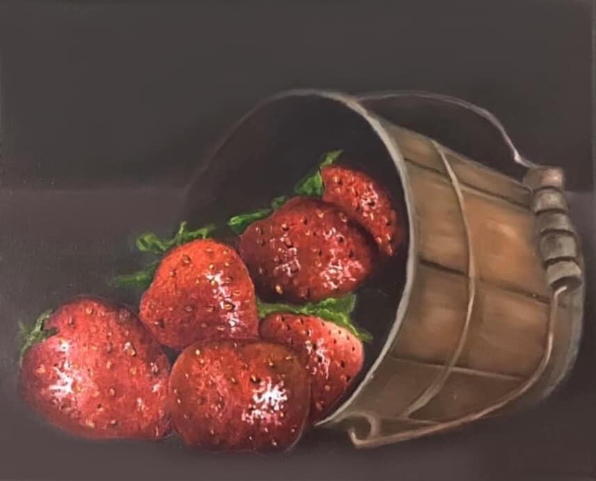 “Bucket of Berries”, One-Day Oil Over Acrylic Painting Class, Saturday April 12, 2025, 10 am to 4 pm, In-Person or Virtual Registration (via Zoom) Offered