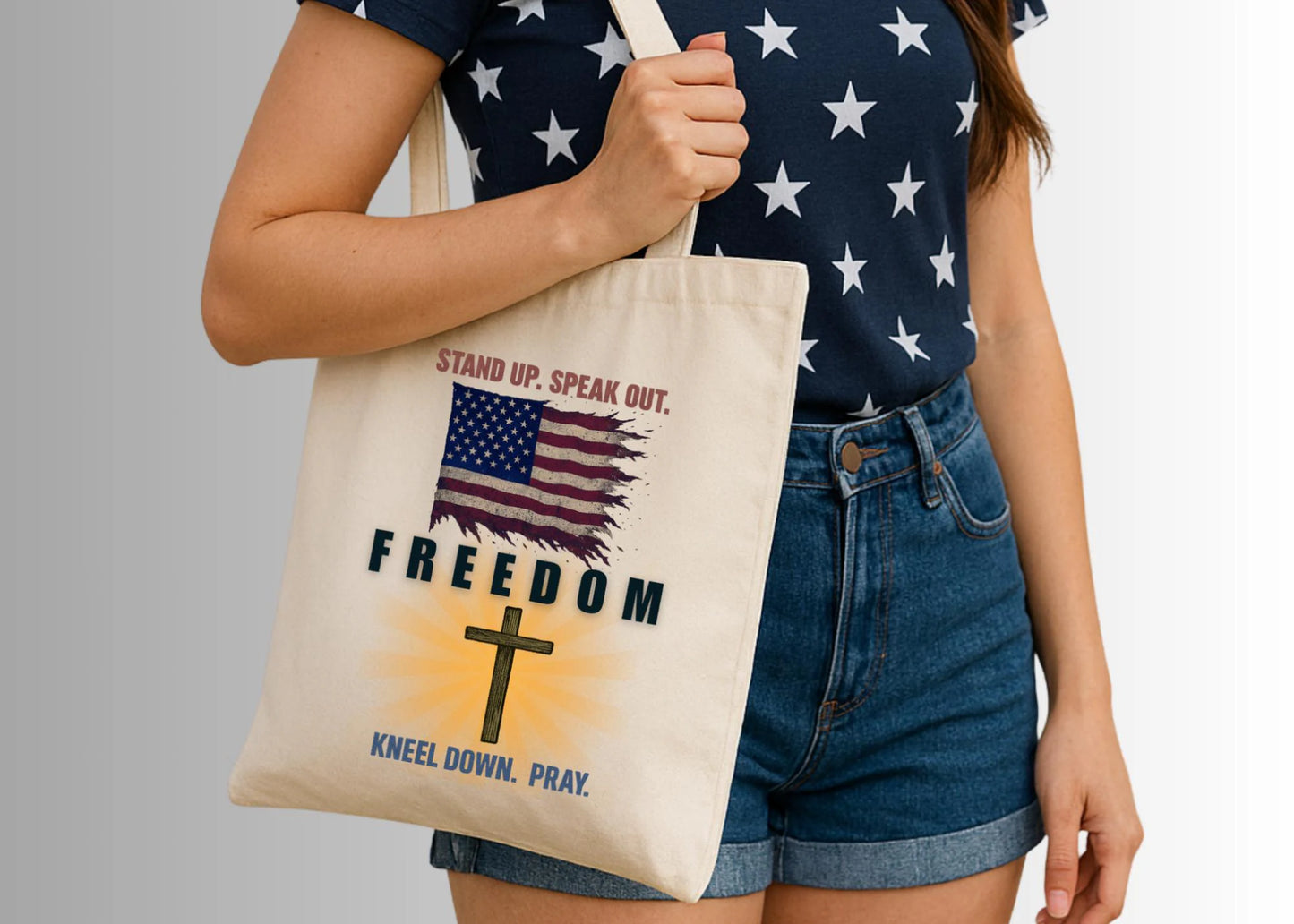 Canvas Tote Bag - "American Flag and Cross" Design