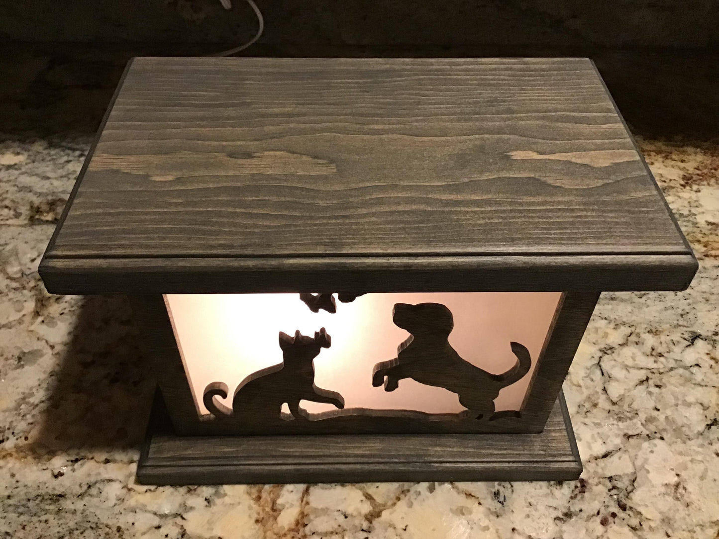 Rustic Wood Accent/Table Lamp - Puppy and Kitty Chasing Butterflies Design