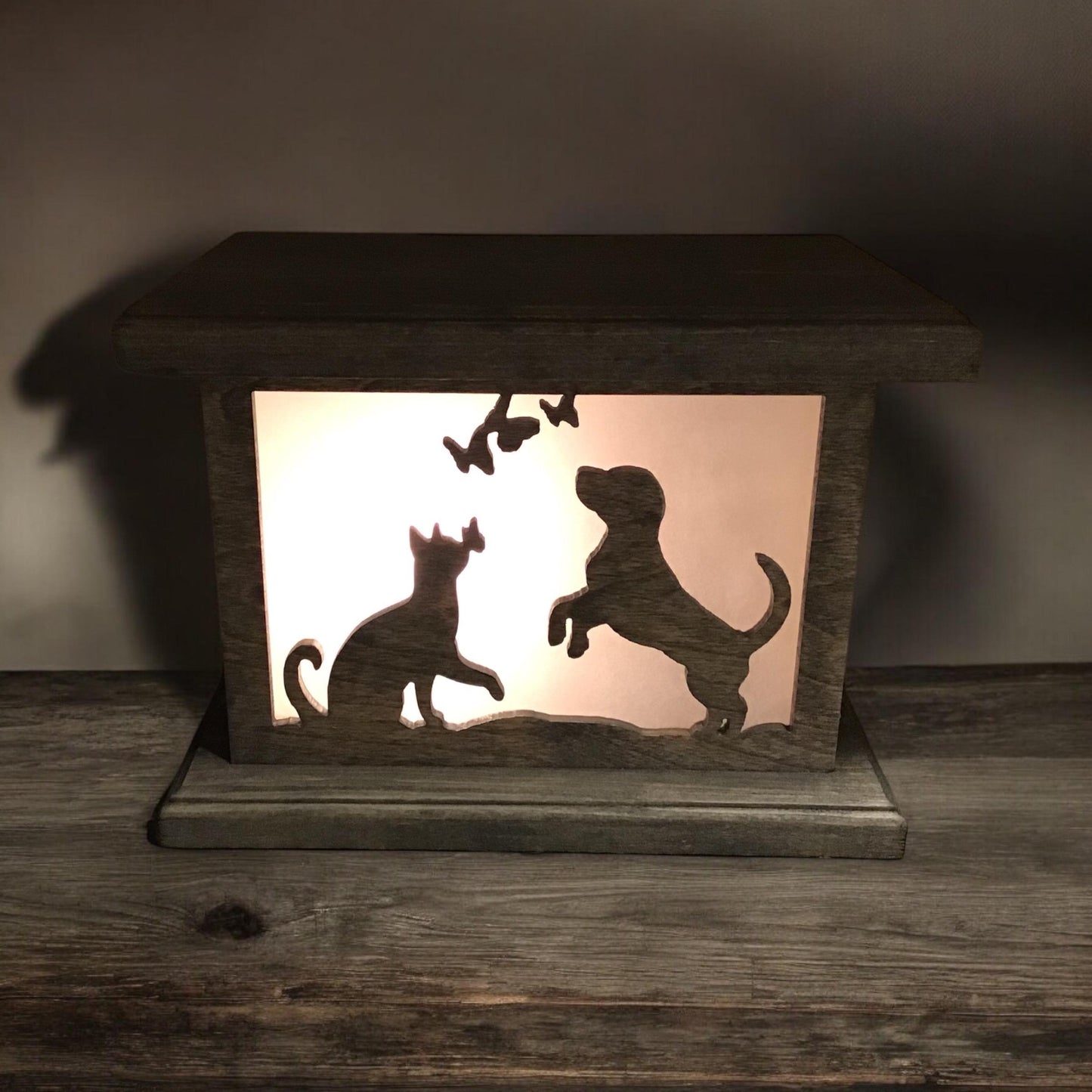 Rustic Wood Accent/Table Lamp - Puppy and Kitty Chasing Butterflies Design