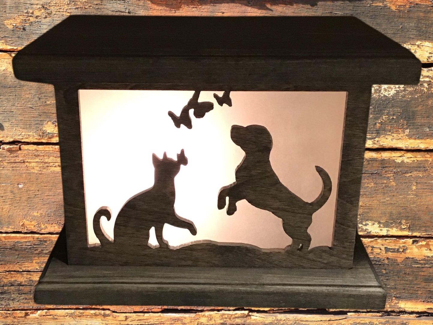 Rustic Wood Accent/Table Lamp - Puppy and Kitty Chasing Butterflies Design