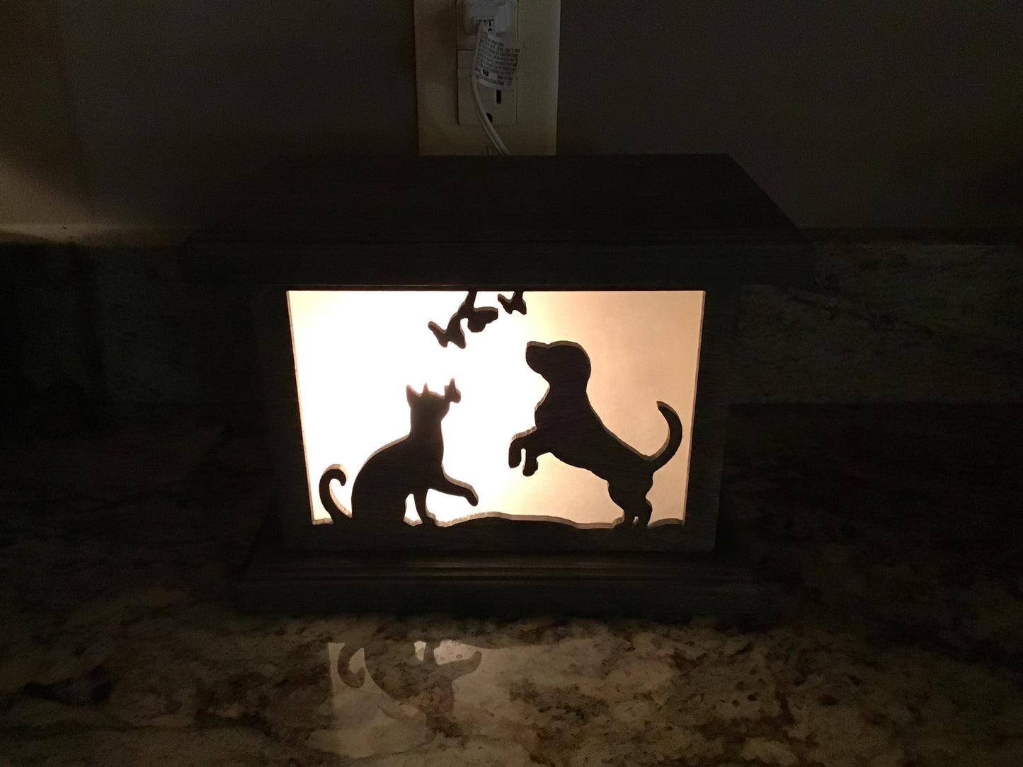 Rustic Wood Accent/Table Lamp - Puppy and Kitty Chasing Butterflies Design