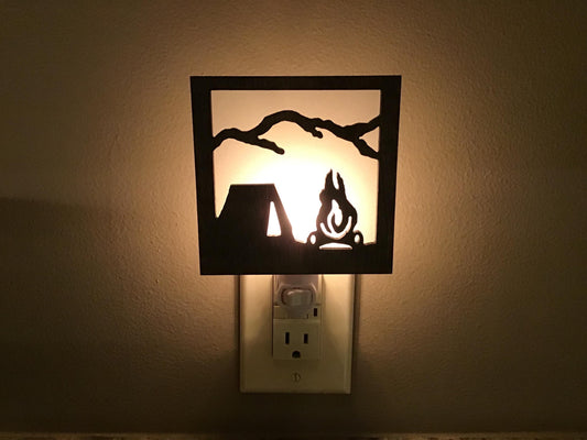 Swivel Night Light with Interchangeable Shade - Tent and Campfire in the Mountains Design